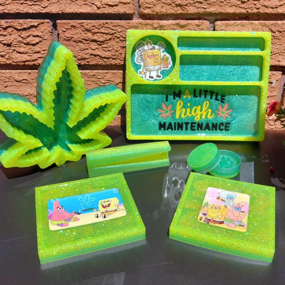 SpongeBob SquarePants/Cannabis Rolling Tray/Ashtray/Coasters Set
